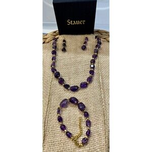 Stauer 4 Piece Jewelry Set Necklace Bracelet Earrings Lusso Amethyst Beaded Box